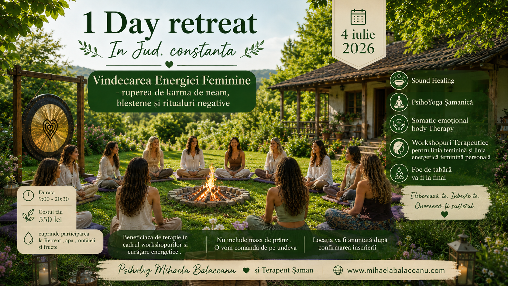 1 Day Retreat – Vindecarea Energiei Feminine, Ruperea de karma de neam, blesteme și ritualuri negative